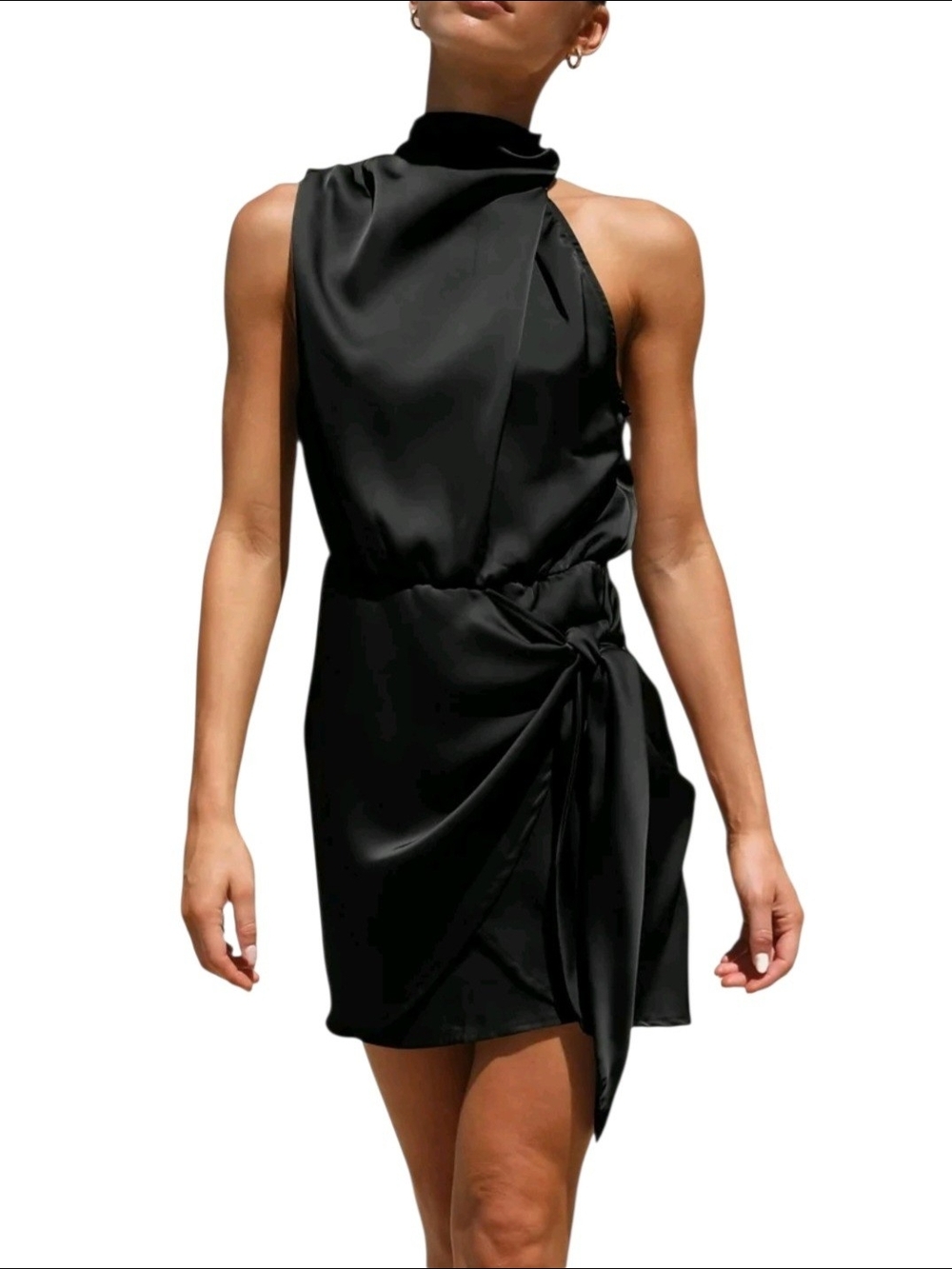 PRETTY GARDEN Sleeveless High-Neck Black Satin Draped Mini Dress